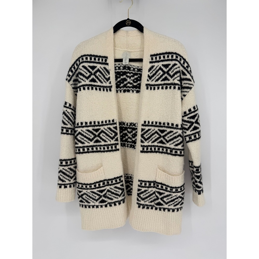 Joie Womens Small Cream Black Geometric Fair Isle Open Front Cardigan Sweater